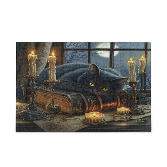 WOBOGO Fluffy Black Cat Puzzle Challenge 1000 Piece Jigsaw Suitable for Game Night Finished Size 29.5 x 19.7in