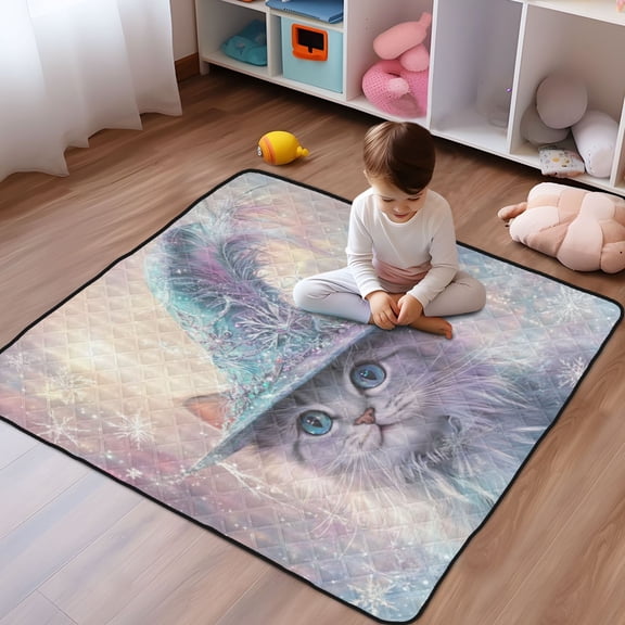 WOBOGO Fluffy Cat Wearing A Magic Hat Baby Playmats Extra Large Waterproof Rollable Activity Pads for Toddlers 5050inch