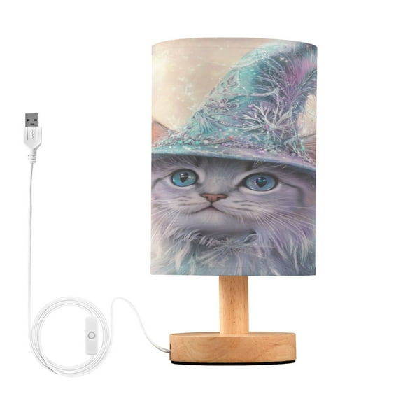 WOBOGO Fluffy Cat Wearing A Magic Hat Bedroom Table Lamp USB Power Connector Wooden Base Round Linen Shade For Living Room Desk