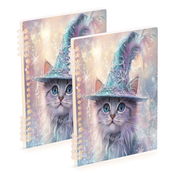WOBOGO Fluffy Cat Wearing A Magic Hat Notebook College Horizontal Grid Paper Ink Spill Resistant Water Resistant Cover 8.3x5.7x0.4in
