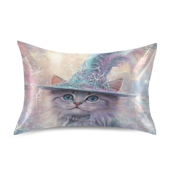 WOBOGO Fluffy Cat Wearing A Magic Hat Satin Pillowcase Soft Smooth Envelope Design Comfortable Bedding Essentials 20×26in