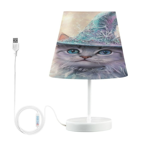 WOBOGO Fluffy Cat Wearing A Magic Hat Table Lamps Bedroom 3-Speed Dimmable Farm Style with Fabric Shade for Reading and Home Office