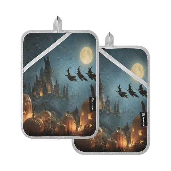 WOBOGO Flying Witches Oven Mitts 2 Piece Heat Resistant 338 Degrees F Square Insulation Pads for A Wide Range of Cooking Occasions