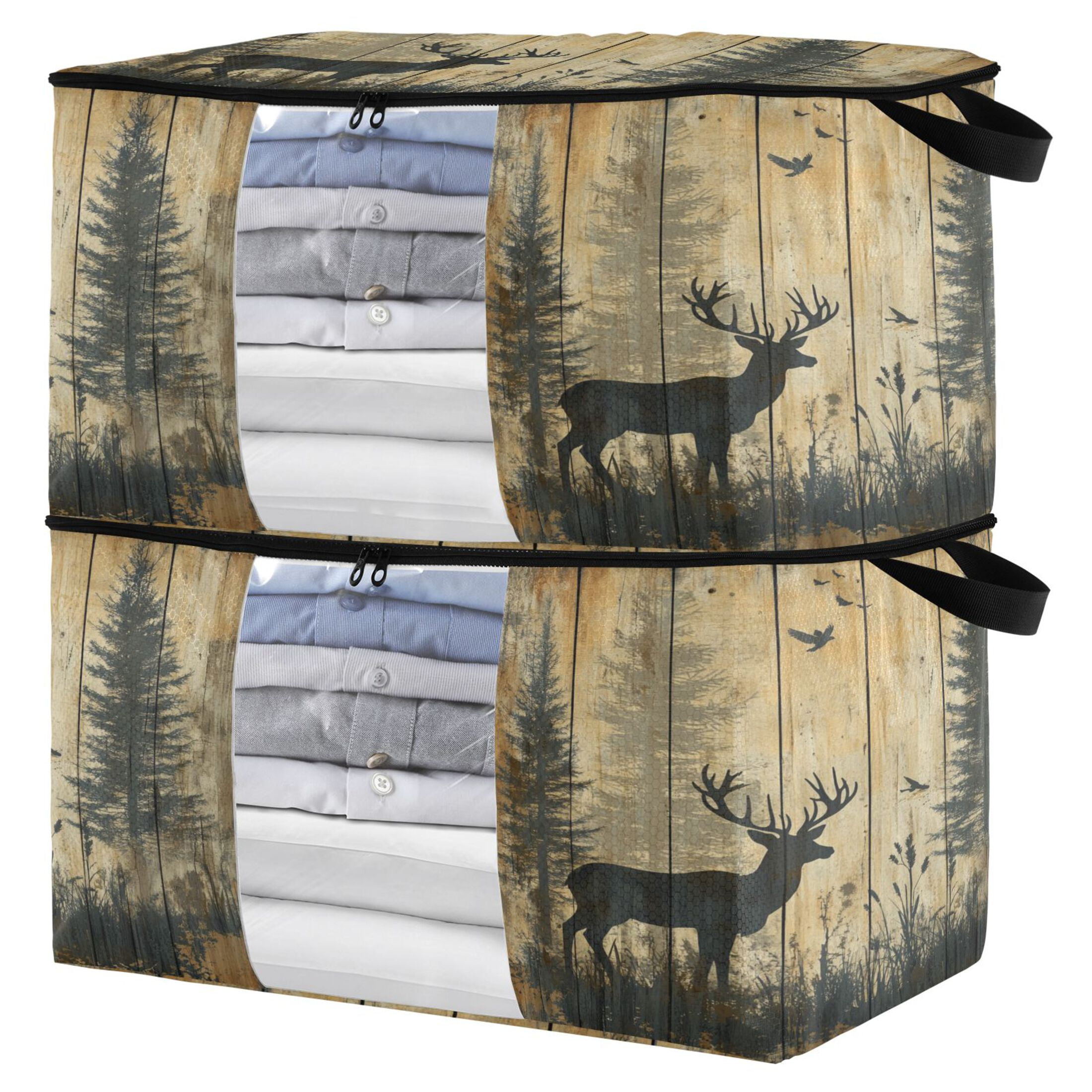 WOBOGO Forest Deer Shadow Clothes Storage 2Pack Foldable Thick Fabric Blanket Organizer Bag with Handle 24.8×16.93×16.17in