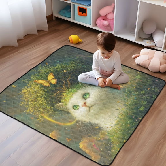 WOBOGO Forest White Cat Baby Playmats Extra Large Waterproof Rollable Activity Pads for Toddlers 5050inch