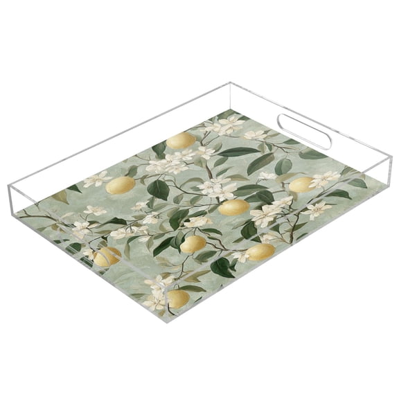 WOBOGO Fresh Lemon Tree Acrylic Serving Trays 15.7x11.8 Inch Spill Proof Clear Decorative Organizer with Handle