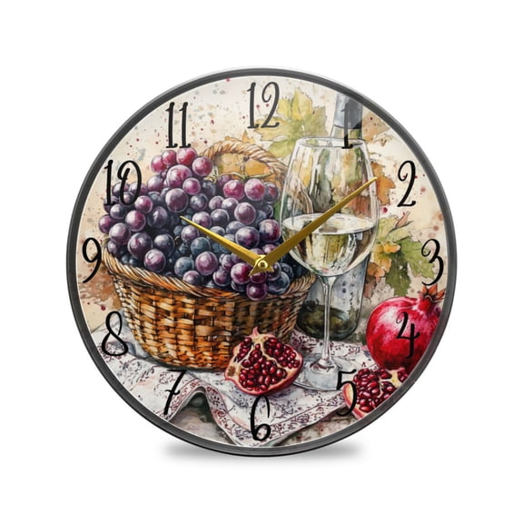 WOBOGO Fruit Basket with White Wine Acrylic Wall Clock Battery Operated 11.9in Silent No Tick Bedroom Living Room Office Classroom Decoration
