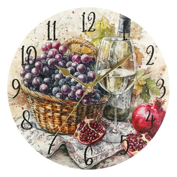 WOBOGO Fruit Basket with White Wine Wall Clock 10in Silent Mechanism Battery Operated Retro Style for Living Room Bedroom and Kitchen Gold Pointer