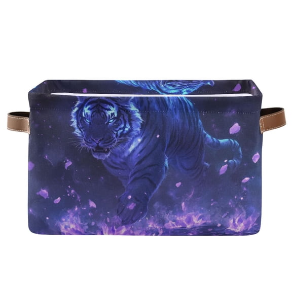 WOBOGO Giant Tiger Purple Pattern Square Storage Basket with Waterproof Canvas and PE Lining Durable PU Leather Handles 14.2×10.2×8.3in
