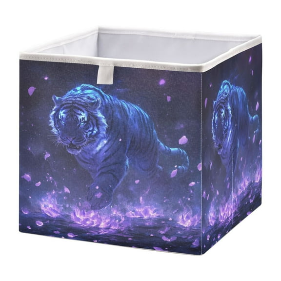 WOBOGO Giant Tiger Purple Pattern Storage Basket Foldable Easy to Clean Durable with Hollow Support Plate with Handle 11.02×11.02×11.02 in