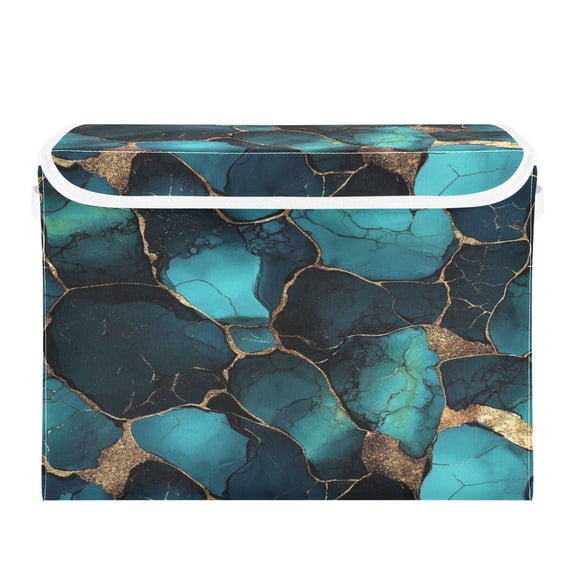 WOBOGO Gild Dark Green Marble Large Collapsible Storage Box Flip Lid Fabric Decorative Organizer Container Basket with Handles 16.512.611.8in