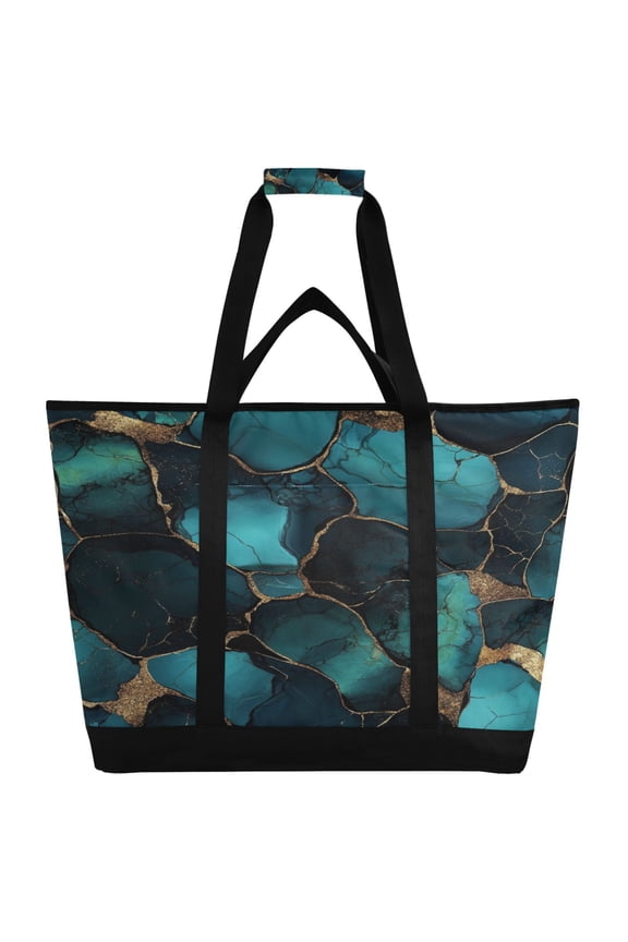 Gild Dark Green Marble Tote Cooler Bag Fold Flat Insulated Shopping Bag With Zipper For Work Picnic Beach Use 186.724in