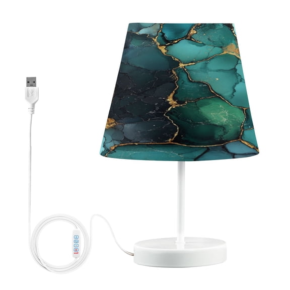 WOBOGO Gild Dark Green Marbles Table Lamps Bedroom 3-Speed Dimmable Farm Style with Fabric Shade for Reading and Home Office