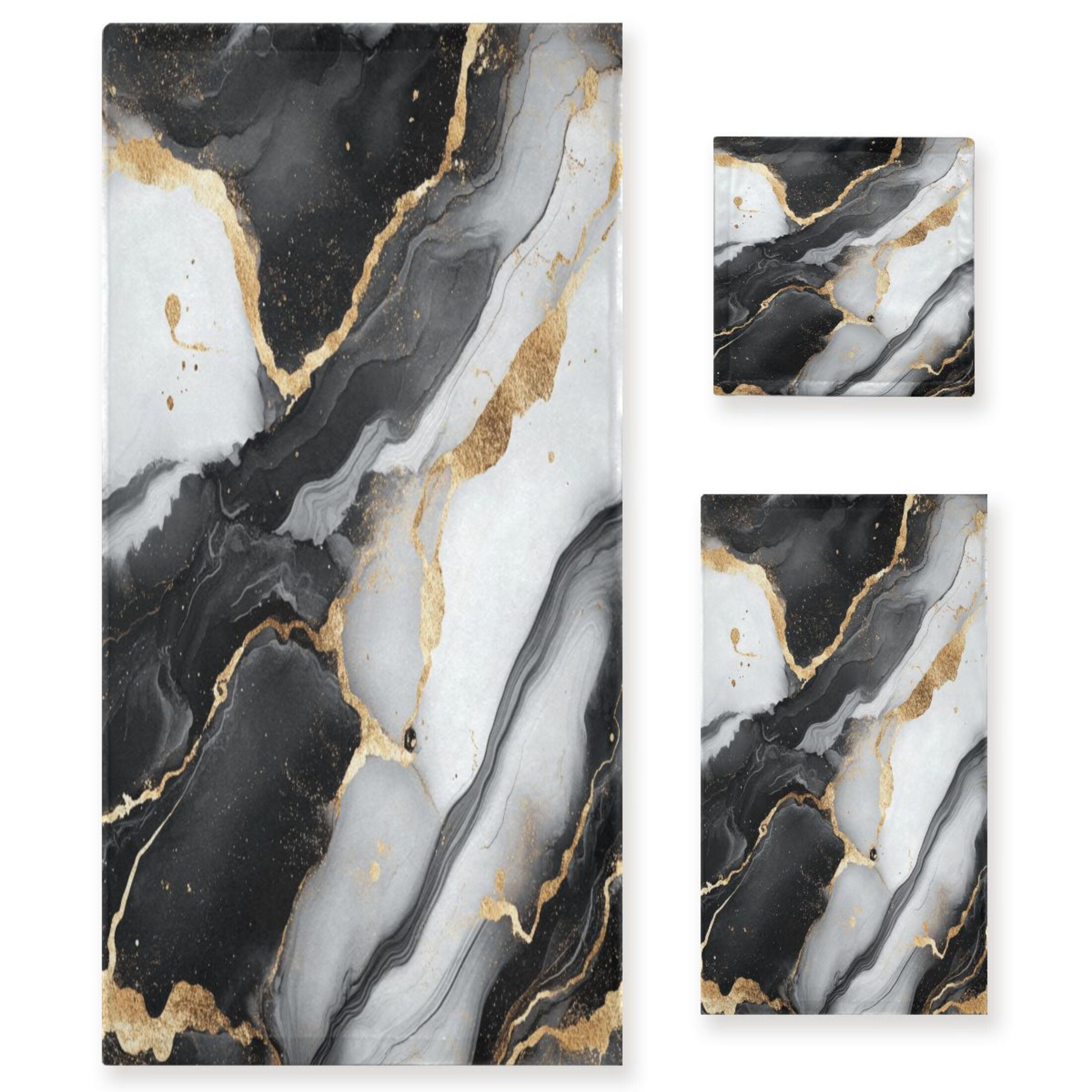 WOBOGO Gilt Black Veined Marble Ultra Soft 3 Pack Cotton Towel Set Includes 60 x 30in Bath Towel 28 x 16in Face Towel and 13 x 13in Small Square Towel for Everyday Use Lightweight and Compact