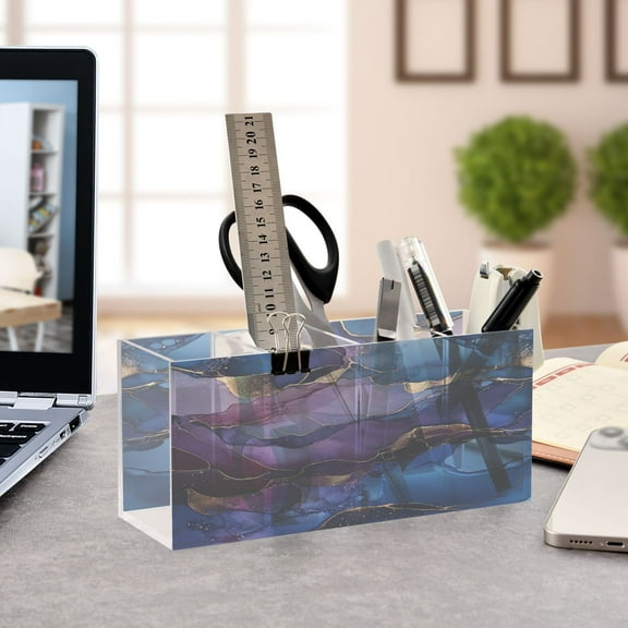 WOBOGO Gilt Blue Marble Acrylic Pen Holder 4 Compartments Clear Pencil Organizer Makeup Brush Storage Case