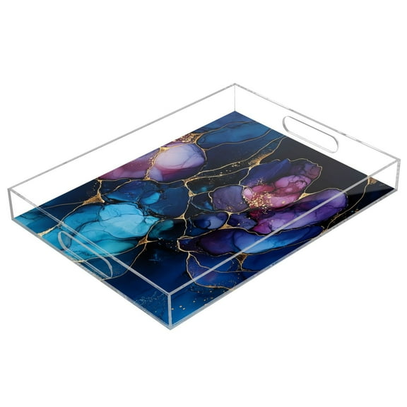WOBOGO Gilt Blue Marbles Acrylic Serving Trays 15.7x11.8 Inch Spill Proof Clear Decorative Organizer with Handle