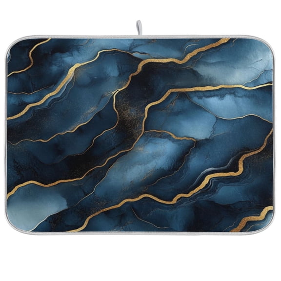 WOBOGO Gilt Dark Blue Marble Kitchen Drying Mat Heat Resistant Drainage with Non-Slip Rubber Backing Hides Stains Super Absorbent Easy to Clean 16×18in