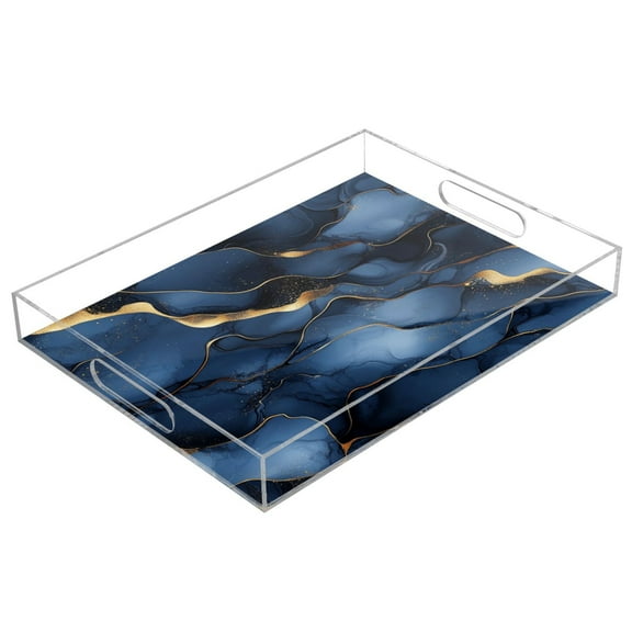 WOBOGO Gilt Dark Blue Marbles Acrylic Serving Trays 15.7x11.8 Inch Spill Proof Clear Decorative Organizer with Handle