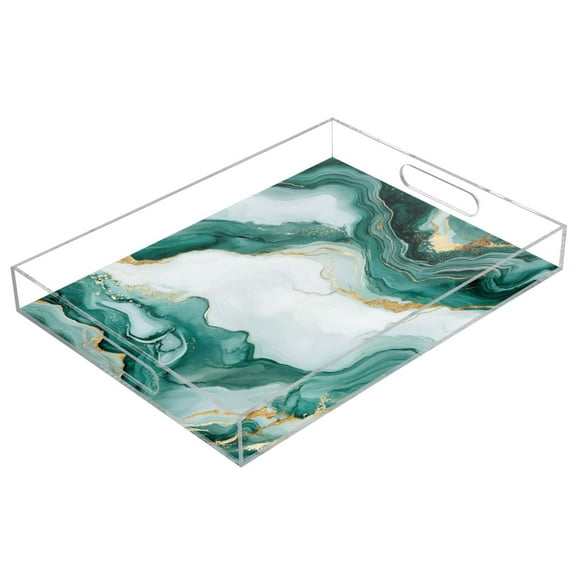 WOBOGO Gilt Green Marble Acrylic Serving Trays 15.7x11.8 Inch Spill Proof Clear Decorative Organizer with Handle