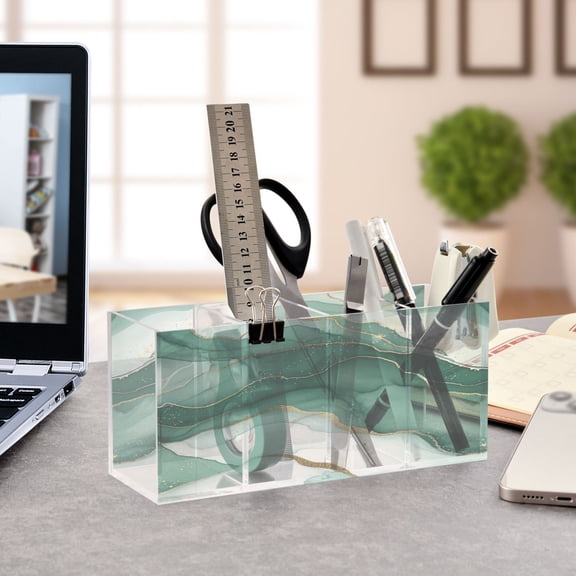 WOBOGO Gilt Green Texture Acrylic Pen Holder 4 Compartments Clear Pencil Organizer Makeup Brush Storage Case