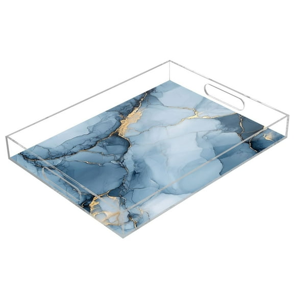 WOBOGO Gilt Light Blue Marbles Acrylic Serving Trays 15.7x11.8 Inch Spill Proof Clear Decorative Organizer with Handle
