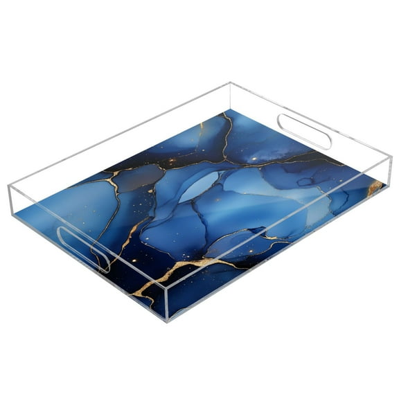 WOBOGO Gilt Navy Blue Marbles Acrylic Serving Trays 15.7x11.8 Inch Spill Proof Clear Decorative Organizer with Handle