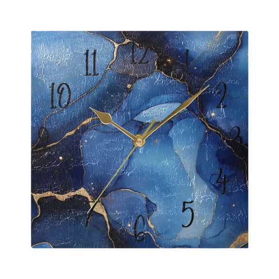 WOBOGO Gilt Navy Blue Marbles Wall Clock 7.78 Inch Battery Operated Silent Unit Square Rustic Vintage Style for Home Bedroom Office Gold Pointer