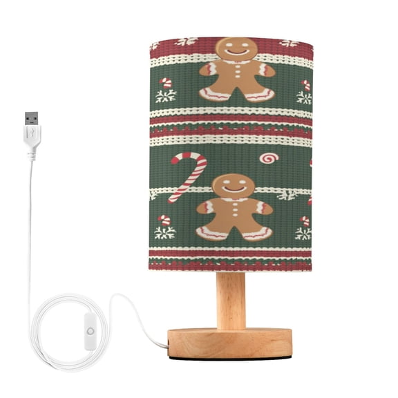 WOBOGO Gingerbread Man Candy Cane Weave Texture Bedroom Table Lamp USB Power Connector Wooden Base Round Linen Shade For Living Room Desk