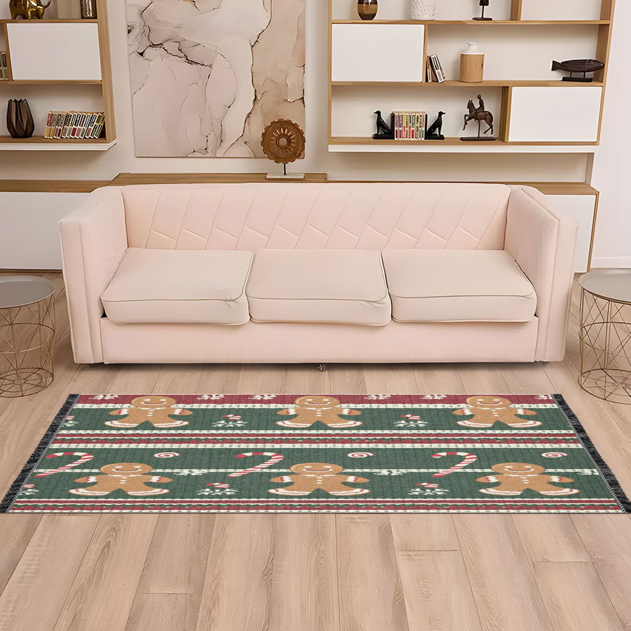 WOBOGO Gingerbread Man Candy Cane Weave Texture Bedside long rug ...