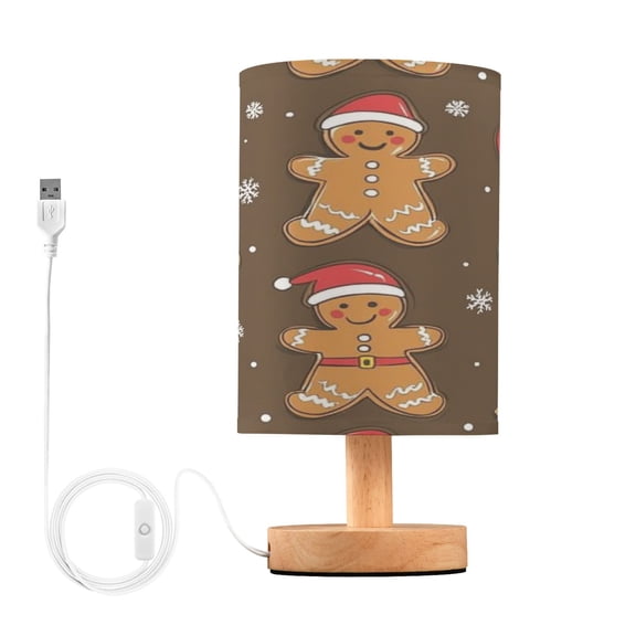 WOBOGO Gingerbread Man Cookies with Santa Hats Bedroom Table Lamp USB Power Connector Wooden Base Round Linen Shade For Living Room Desk
