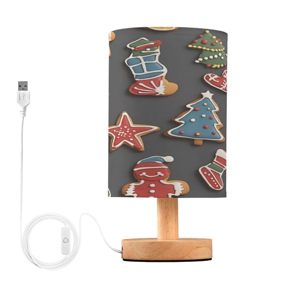 WOBOGO Gingerbread Man and Candy Bedroom Table Lamp USB Power Connector Wooden Base Round Linen Shade For Living Room Desk