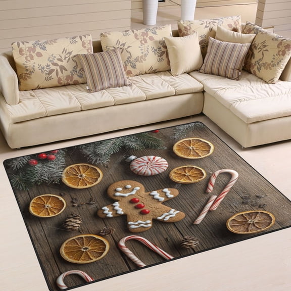 WOBOGO Gingerbread Man and Candy Carpet Non-Slip Rugs Soft Doormat 80×58in Living Dining Room Bedroom Decorative