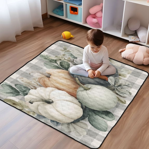 WOBOGO Gingham Pumpkins Baby Playmats Extra Large Waterproof Rollable Activity Pads for Toddlers 50×50inch