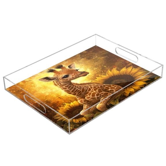 WOBOGO Giraffe Sunflower Illustration Acrylic Serving Trays 15.7x11.8 Inch Spill Proof Clear Decorative Organizer with Handle