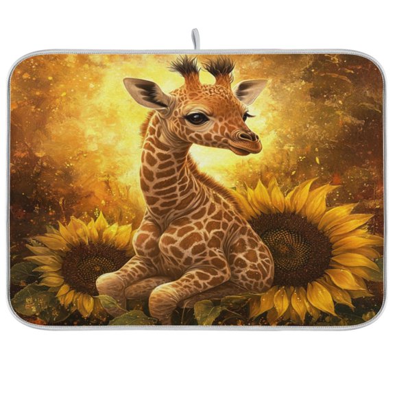 WOBOGO Giraffe Sunflower Illustration Kitchen Drying Mat Heat Resistant Drainage with Non-Slip Rubber Backing Hides Stains Super Absorbent Easy to Clean 16×18in