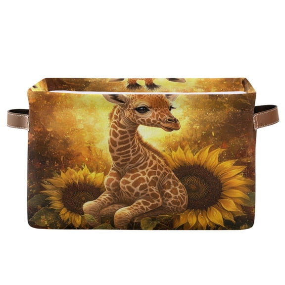 WOBOGO Giraffe Sunflower Illustration Square Storage Basket with Waterproof Canvas and PE Lining Durable PU Leather Handles 14.2×10.2×8.3in