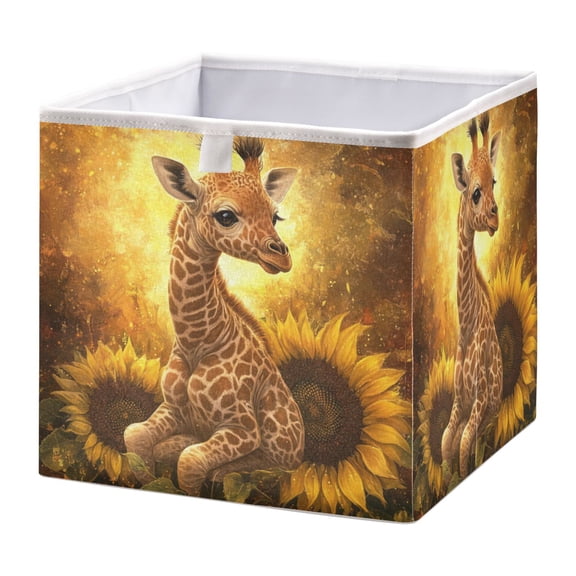 WOBOGO Giraffe Sunflower Illustration Storage Basket Foldable Easy to Clean Durable with Hollow Support Plate with Handle 11.02×11.02×11.02 in