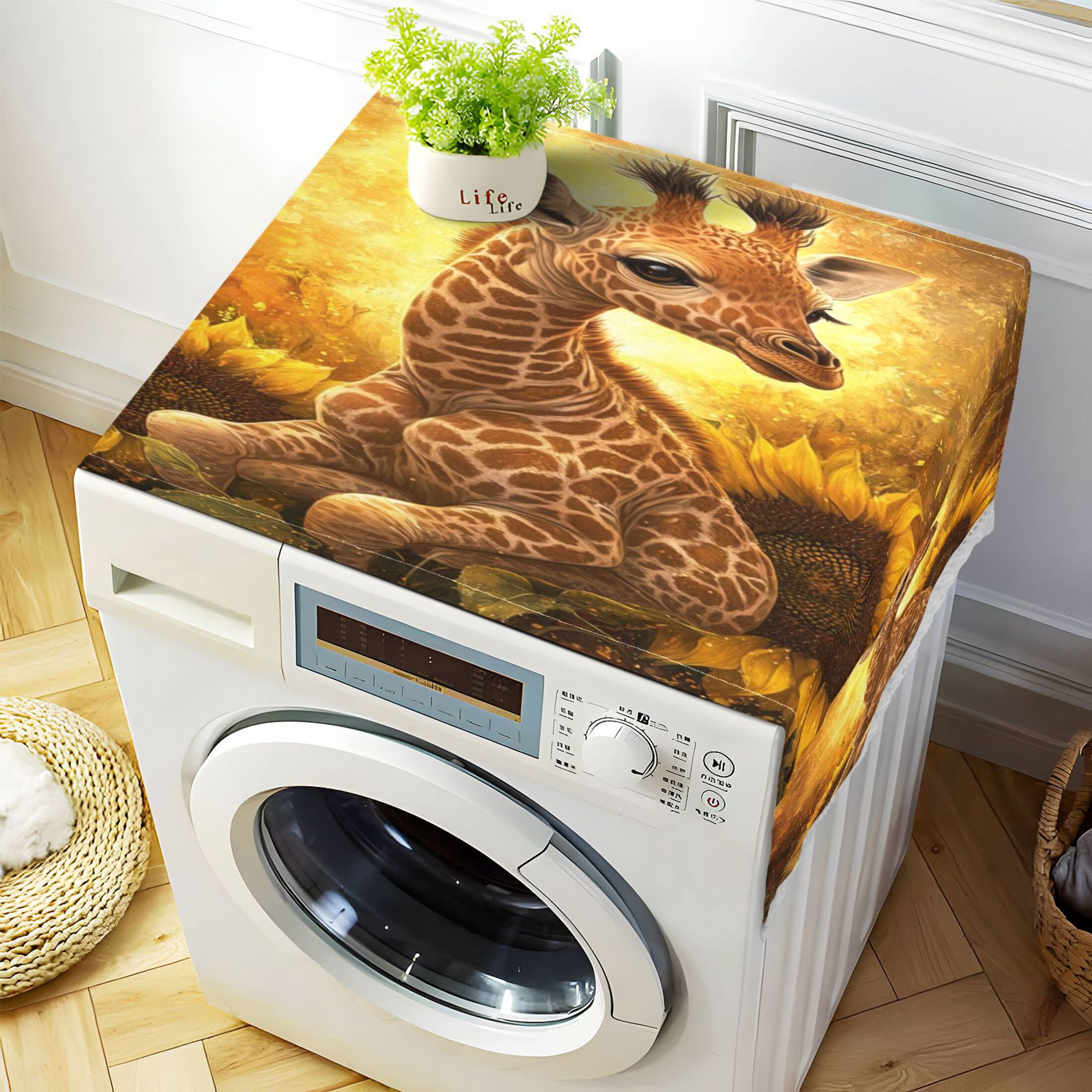 WOBOGO Giraffe Sunflower Illustration Washing Machine Cloth Dryer Refrigerator Top Cover Protective Non-Slip Mat For Kitchen Laundry
