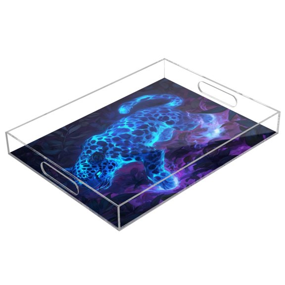 WOBOGO Glowing Blue Leopard Acrylic Serving Trays 15.7x11.8 Inch Spill Proof Clear Decorative Organizer with Handle