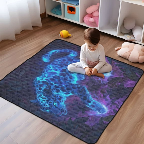 WOBOGO Glowing Blue Leopard Baby Playmats Extra Large Waterproof Rollable Activity Pads for Toddlers 5050inch