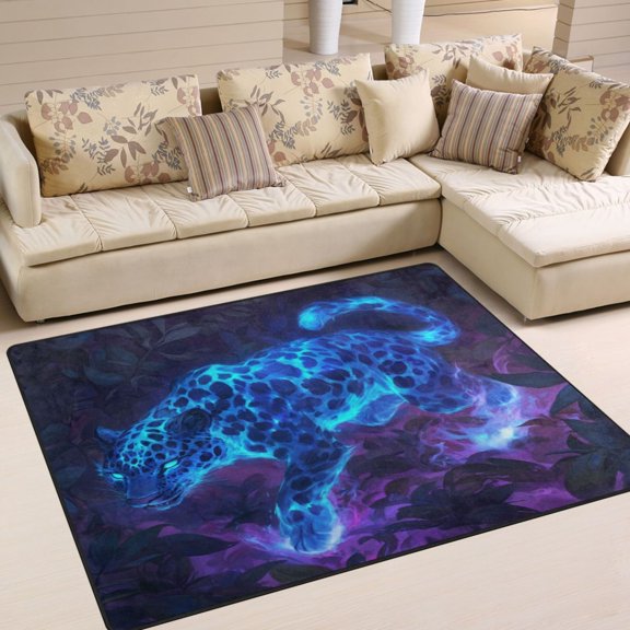 WOBOGO Glowing Blue Leopard Carpet Non-Slip Rugs Soft Doormat 63×48in Living Dining Room Bedroom Decorative