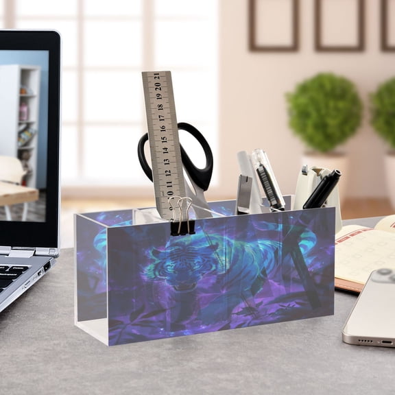 WOBOGO Glowing Blue Tiger Acrylic Pen Holder 4 Compartments Clear Pencil Organizer Makeup Brush Storage Case