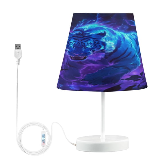 WOBOGO Glowing Blue Tiger Table Lamps Bedroom 3-Speed Dimmable Farm Style with Fabric Shade for Reading and Home Office