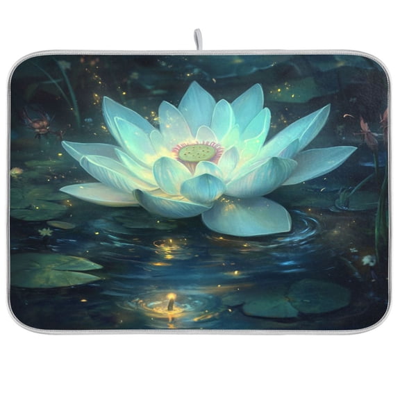 WOBOGO Glowing Lotus Flower Kitchen Drying Mat Heat Resistant Drainage with Non-Slip Rubber Backing Hides Stains Super Absorbent Easy to Clean 16×18in