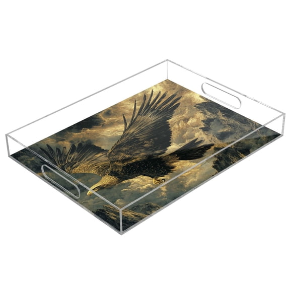 WOBOGO Golden Eagle Acrylic Serving Trays 15.7x11.8 Inch Spill Proof Clear Decorative Organizer with Handle