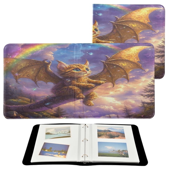 WOBOGO Golden Kitten with Wings Photo Albums 20 Pages Large Capacity DIY Self-adhesive Page PU Leather Cover for Family Wedding Anniversary Baby Vacation Photos 2411.8in