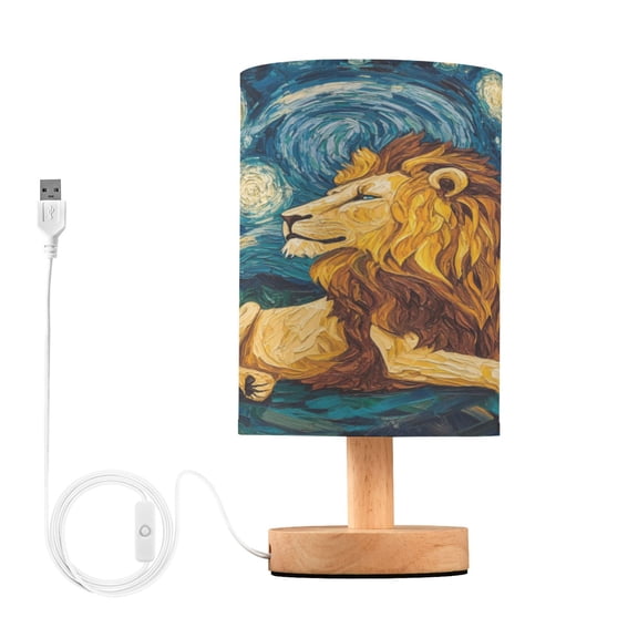 WOBOGO Golden Lion King Bedroom Table Lamp USB Power Connector Wooden Base Round Linen Shade For Living Room Desk