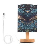 WOBOGO Golden Winged Crow Pattern Bedroom Table Lamp USB Power Connector Wooden Base Round Linen Shade For Living Room Desk