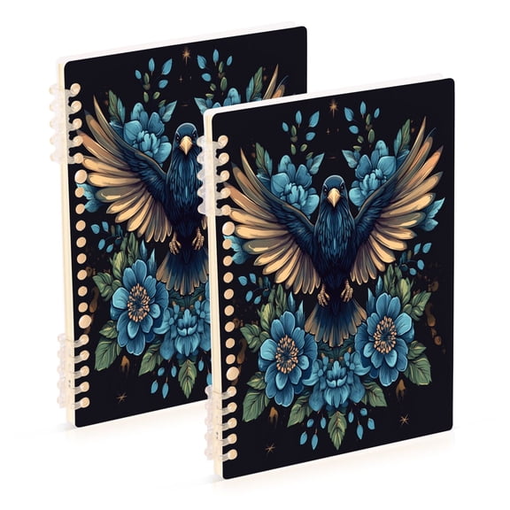 WOBOGO Golden Winged Crow Pattern Notebook College Horizontal Grid Paper Ink Spill Resistant Water Resistant Cover 8.3x5.7x0.4in