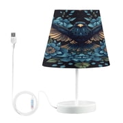 WOBOGO Golden Winged Crow Pattern Table Lamps Bedroom 3-Speed Dimmable Farm Style with Fabric Shade for Reading and Home Office
